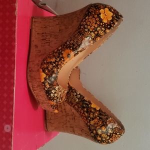 Black Floral and Cork Wedges